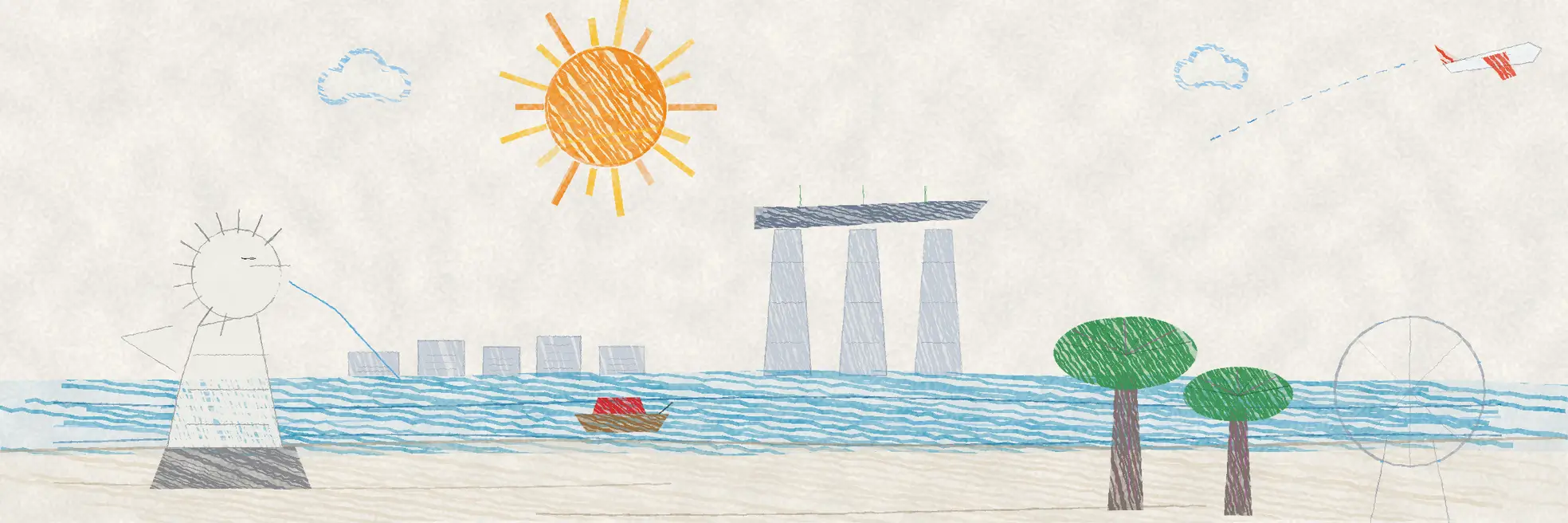 Illustrated Singapore skyline with Marina Bay Sands, the Merlion, gardens and the harbour